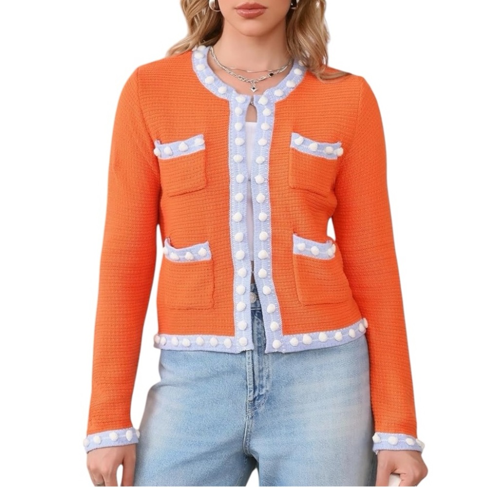 Orange & Periwinkle Blue Colorblock Pompom Trimmed Cropped Knit Cardigan - M